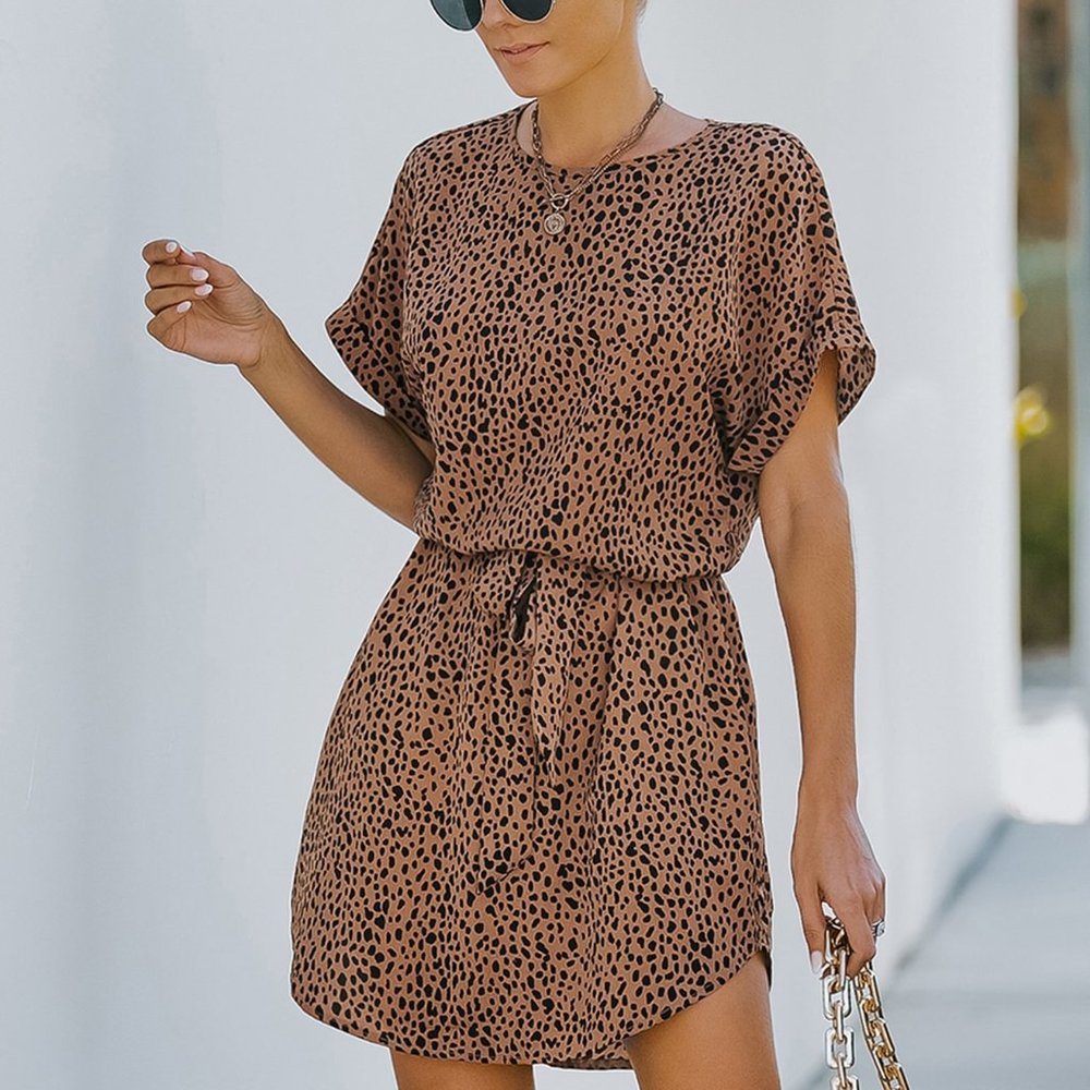New Random Dalmatian Print Batwing Sleeve Belted Dress Camel